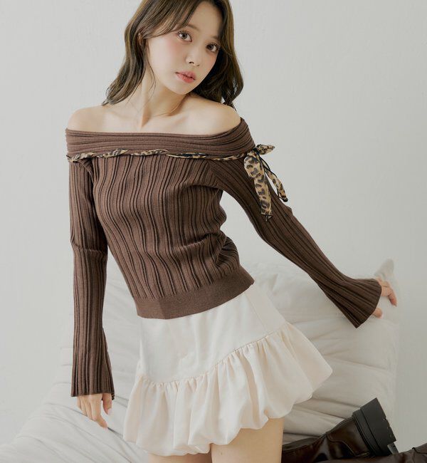  「レオパード肩リボンオフショルリブニット」|ニット・セーター|ブラウン