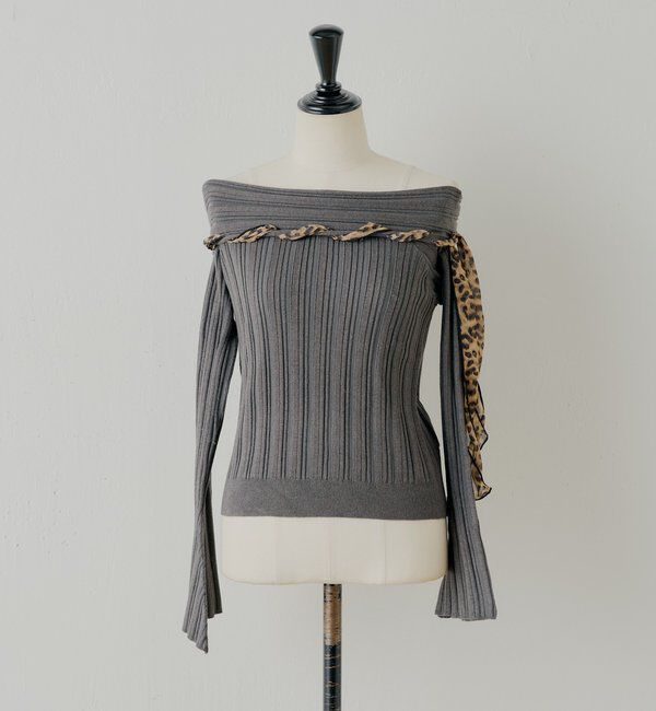  「レオパード肩リボンオフショルリブニット」|ニット・セーター|チャコールグレー