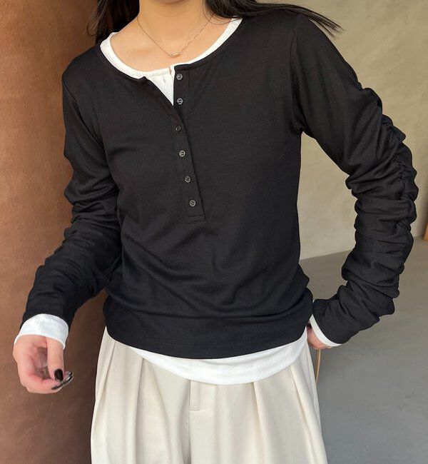  「インナーSET袖ギャザーヘンリーTシャツ」|Tシャツ・カットソー|ブラック