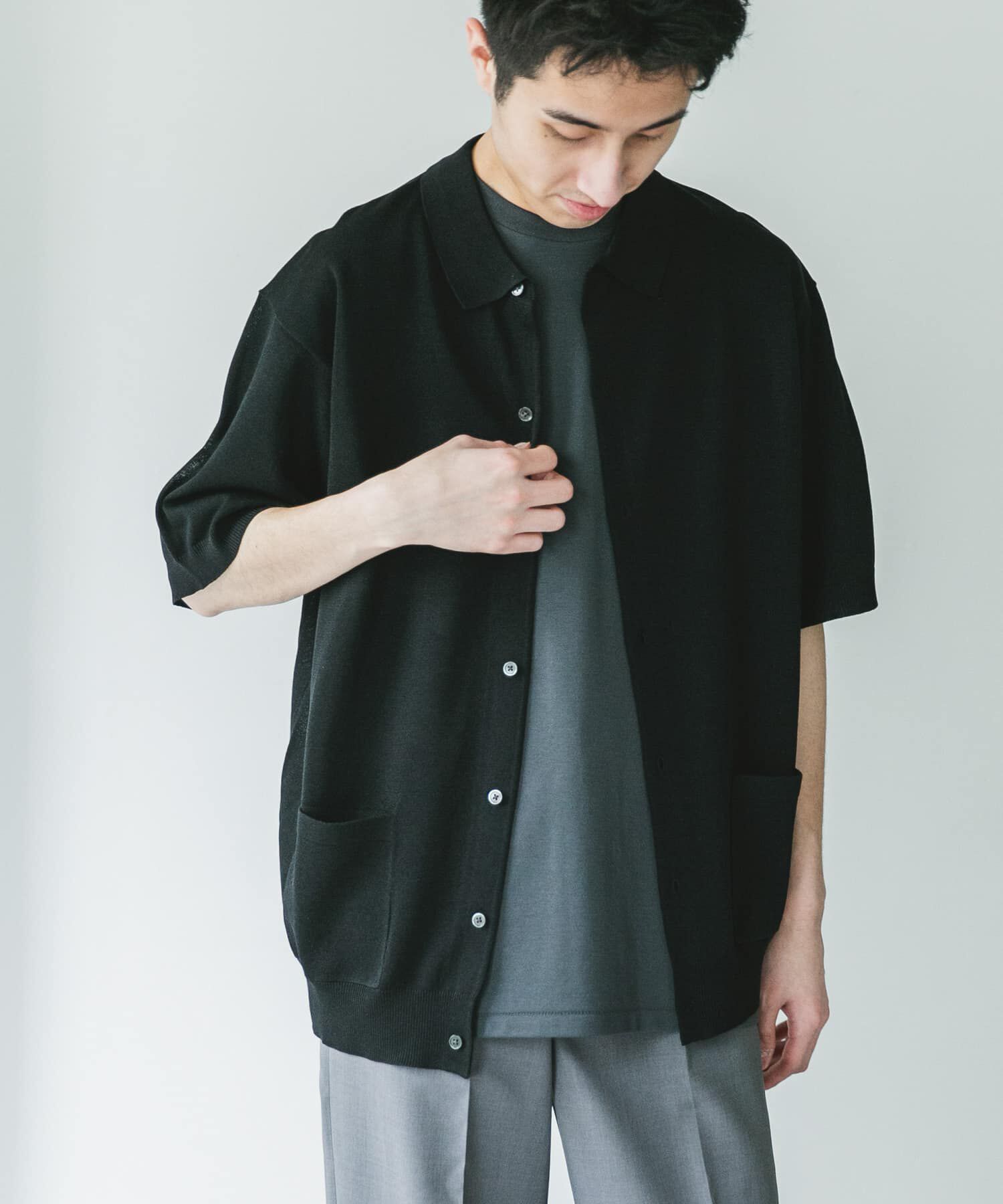 URBAN RESEARCH DOORS「リネンライクショートスリーブシャツカーディガン」|カーディガン|ブラック