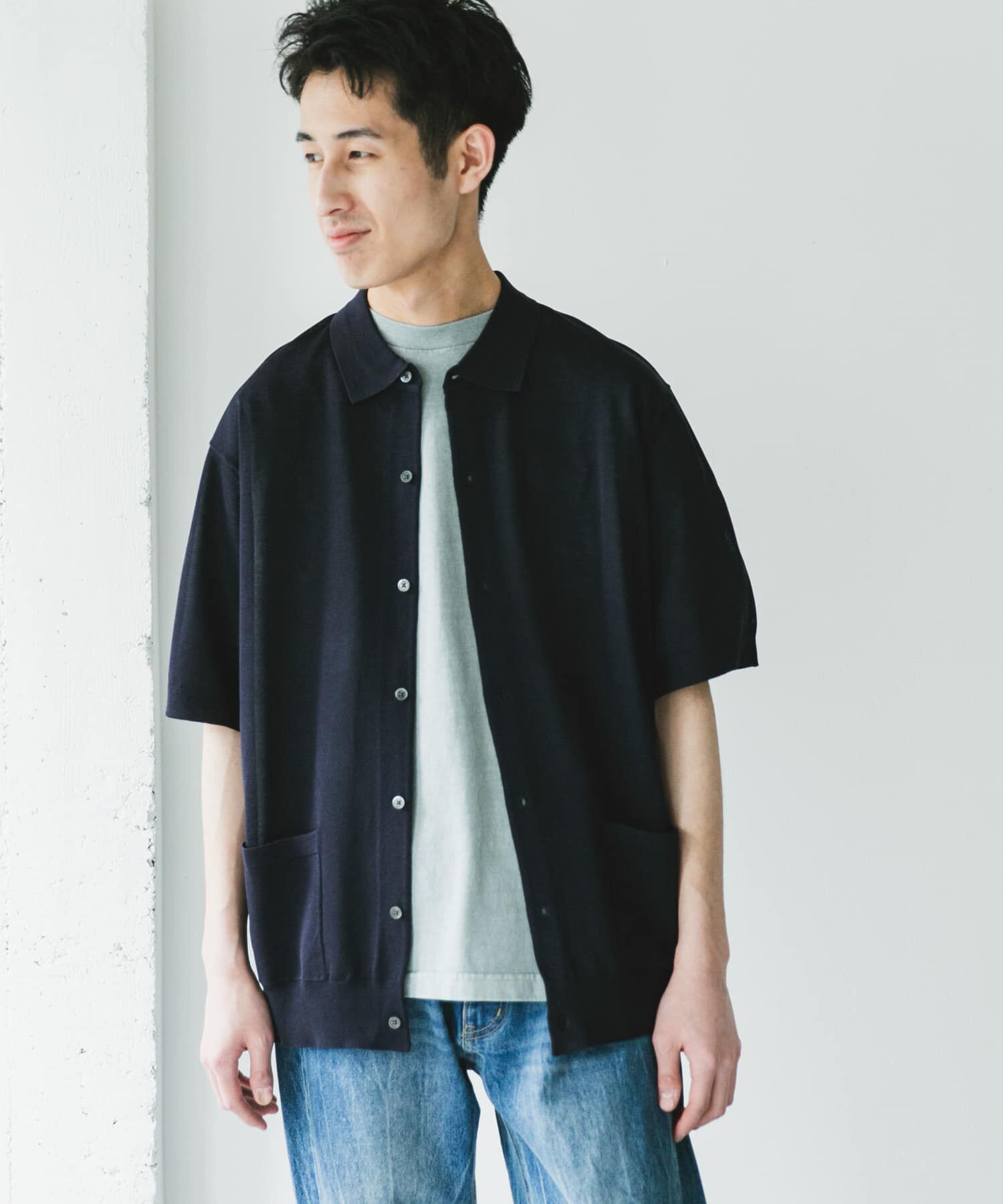 URBAN RESEARCH DOORS「リネンライクショートスリーブシャツカーディガン」|カーディガン|ネイビー