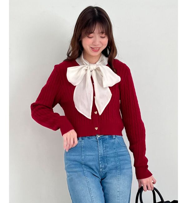 MAJESTICLEGON「ハートボタンケーブルニットカーデ」|カーディガン|レッド
