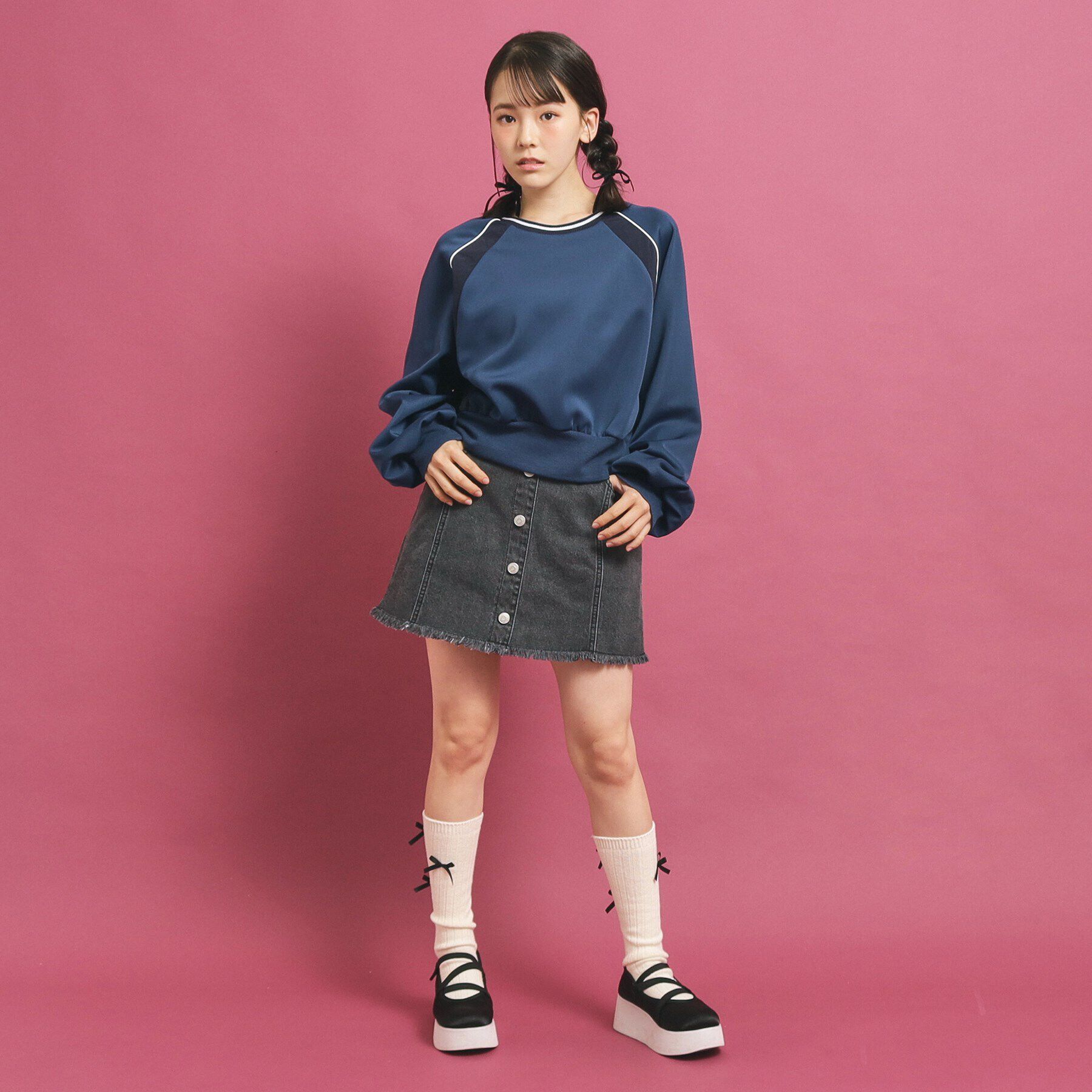 PINK-latte「フロントボタン台形デニムスカート」|スカート|