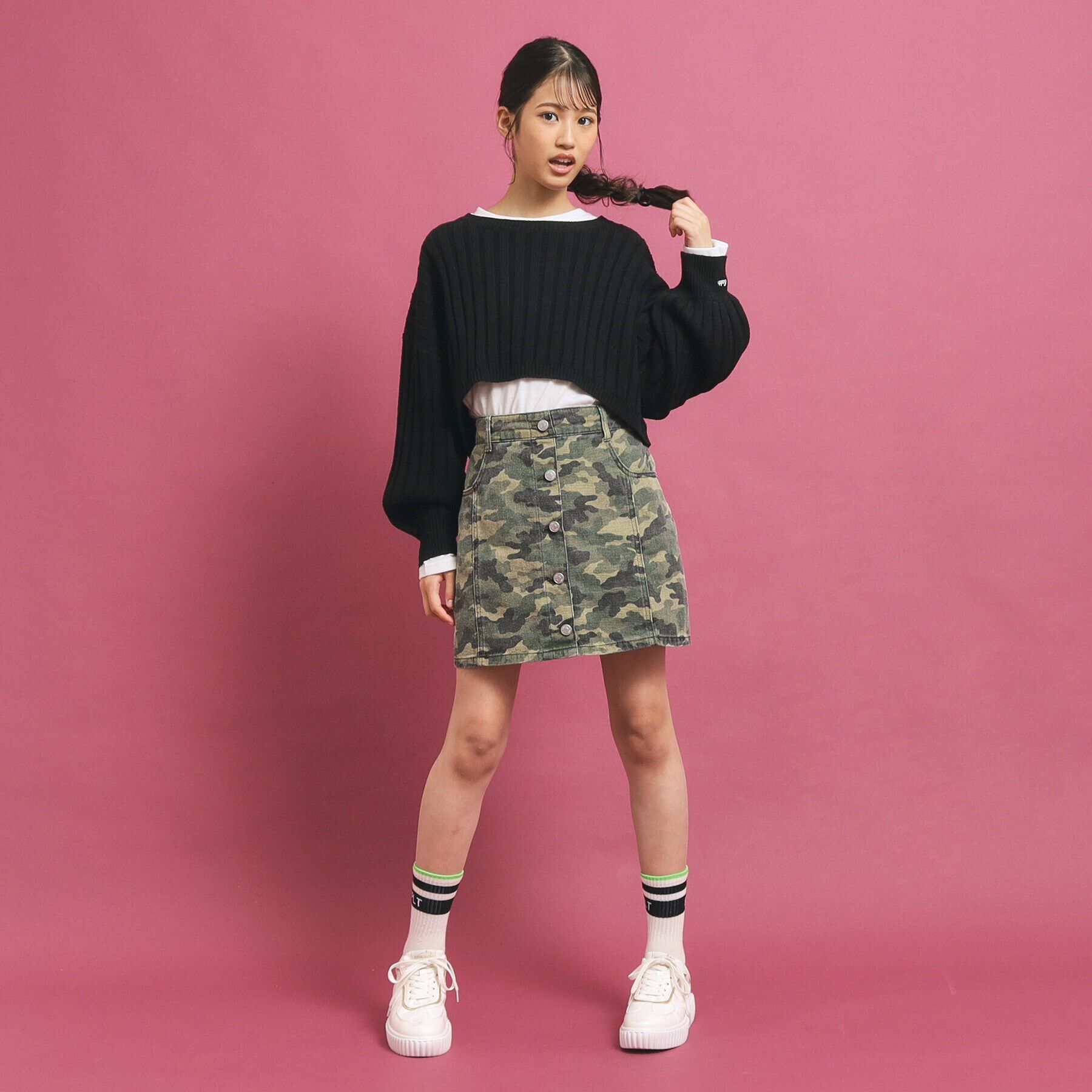 PINK-latte「フロントボタン台形デニムスカート」|スカート|