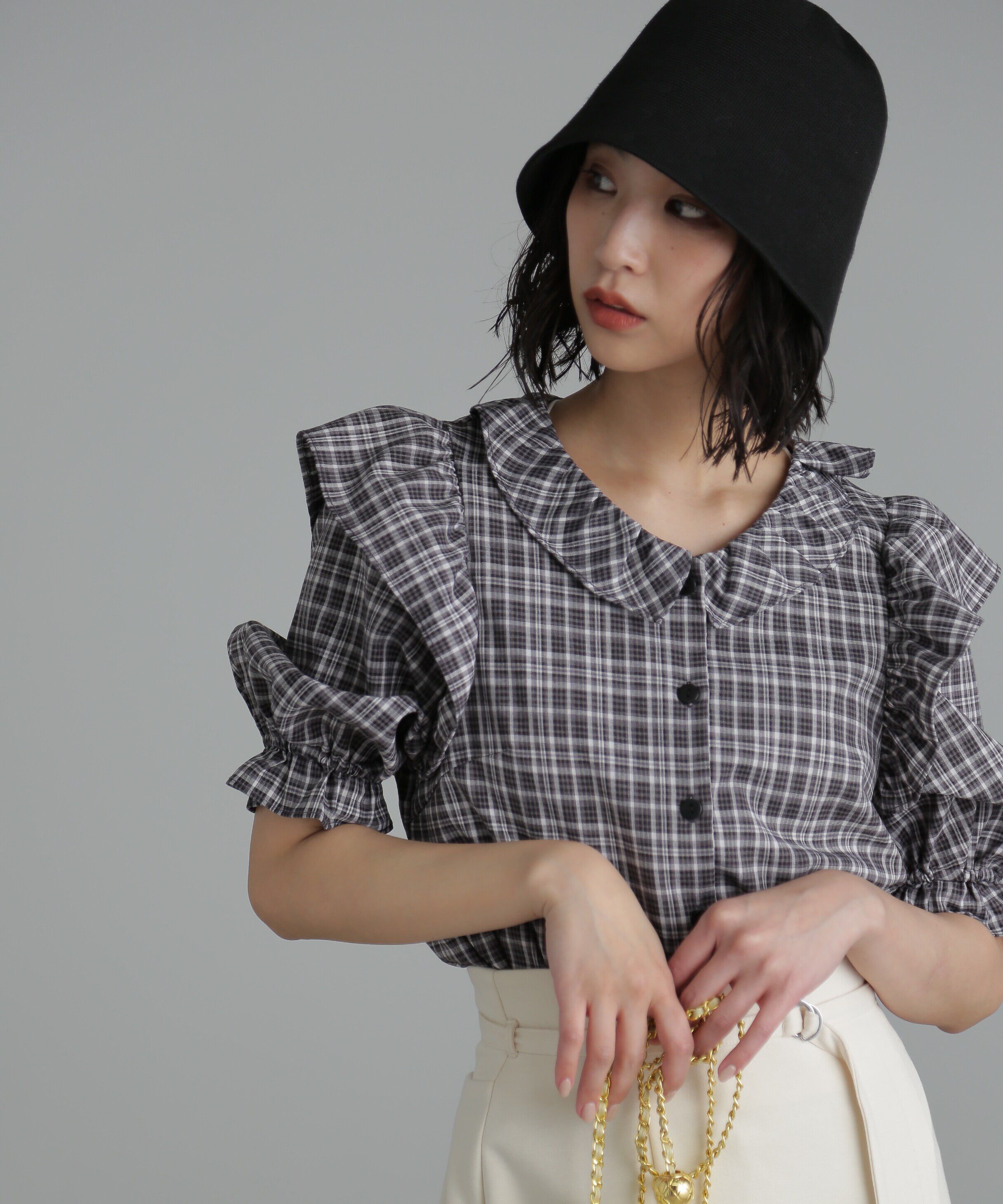  「前開きフリルチェックブラウス」|シャツ・ブラウス|