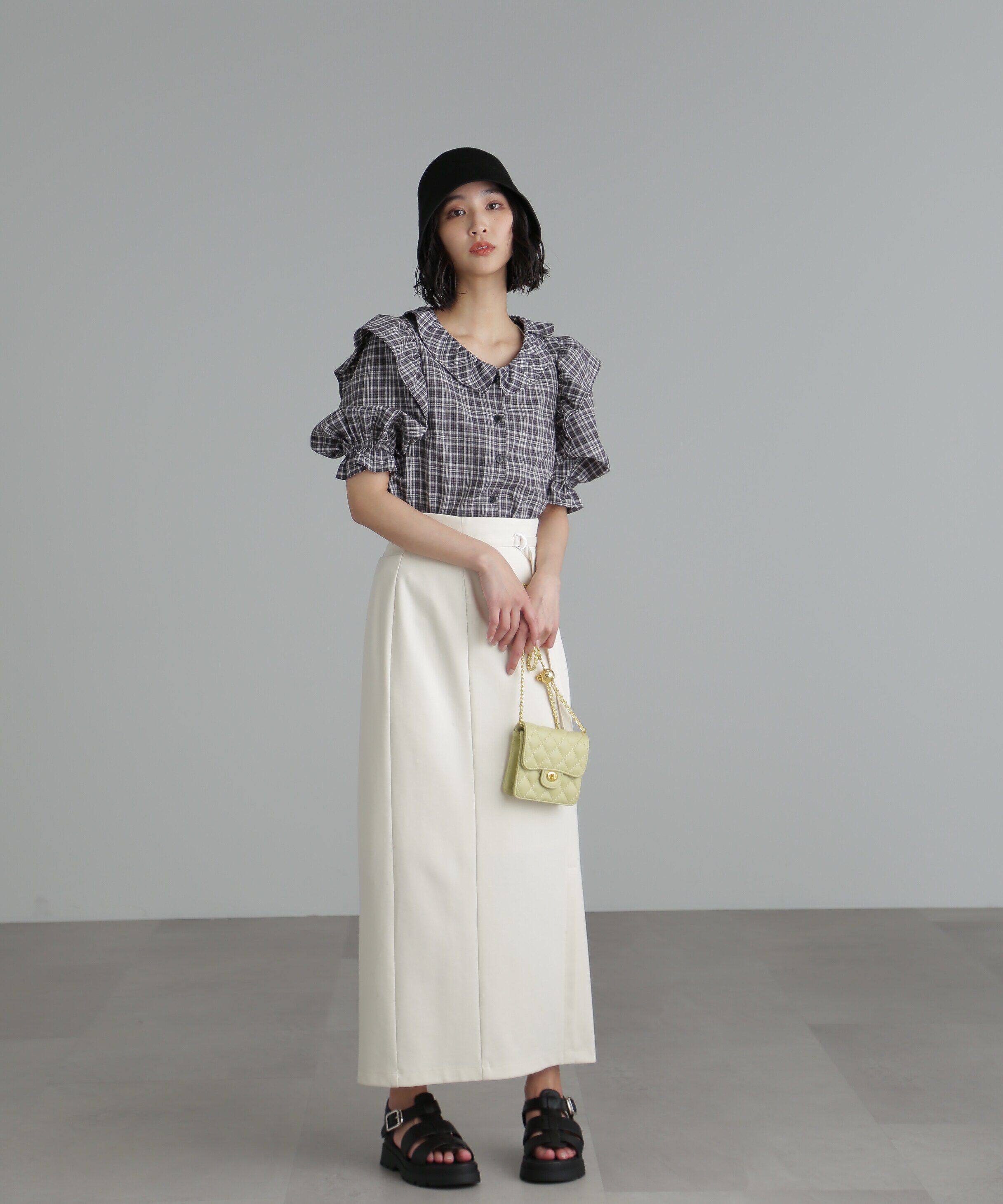  「前開きフリルチェックブラウス」|シャツ・ブラウス|