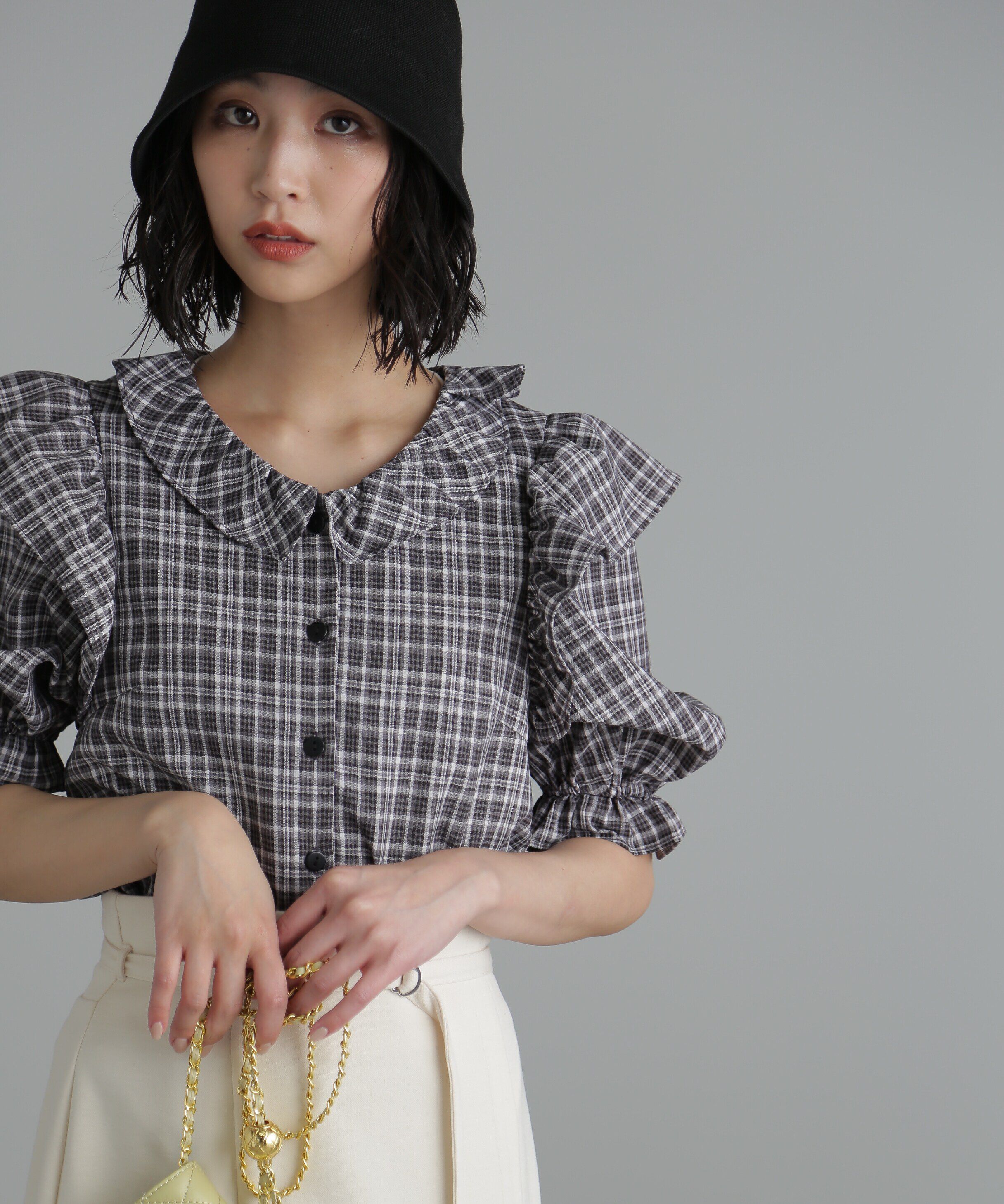  「前開きフリルチェックブラウス」|シャツ・ブラウス|