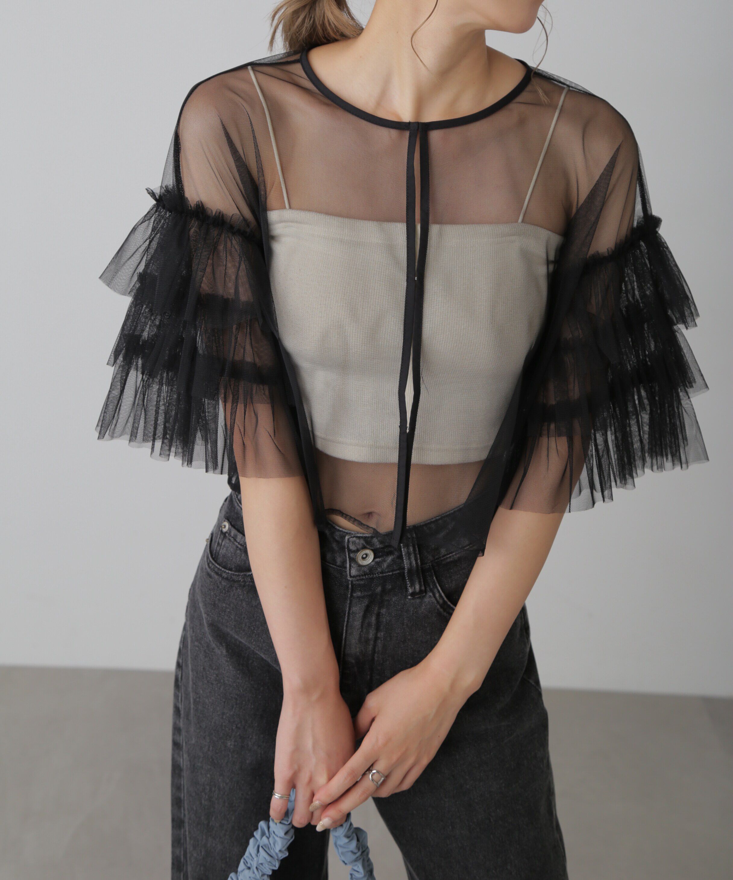  「前後2way袖フリルチュールブラウス」|シャツ・ブラウス|