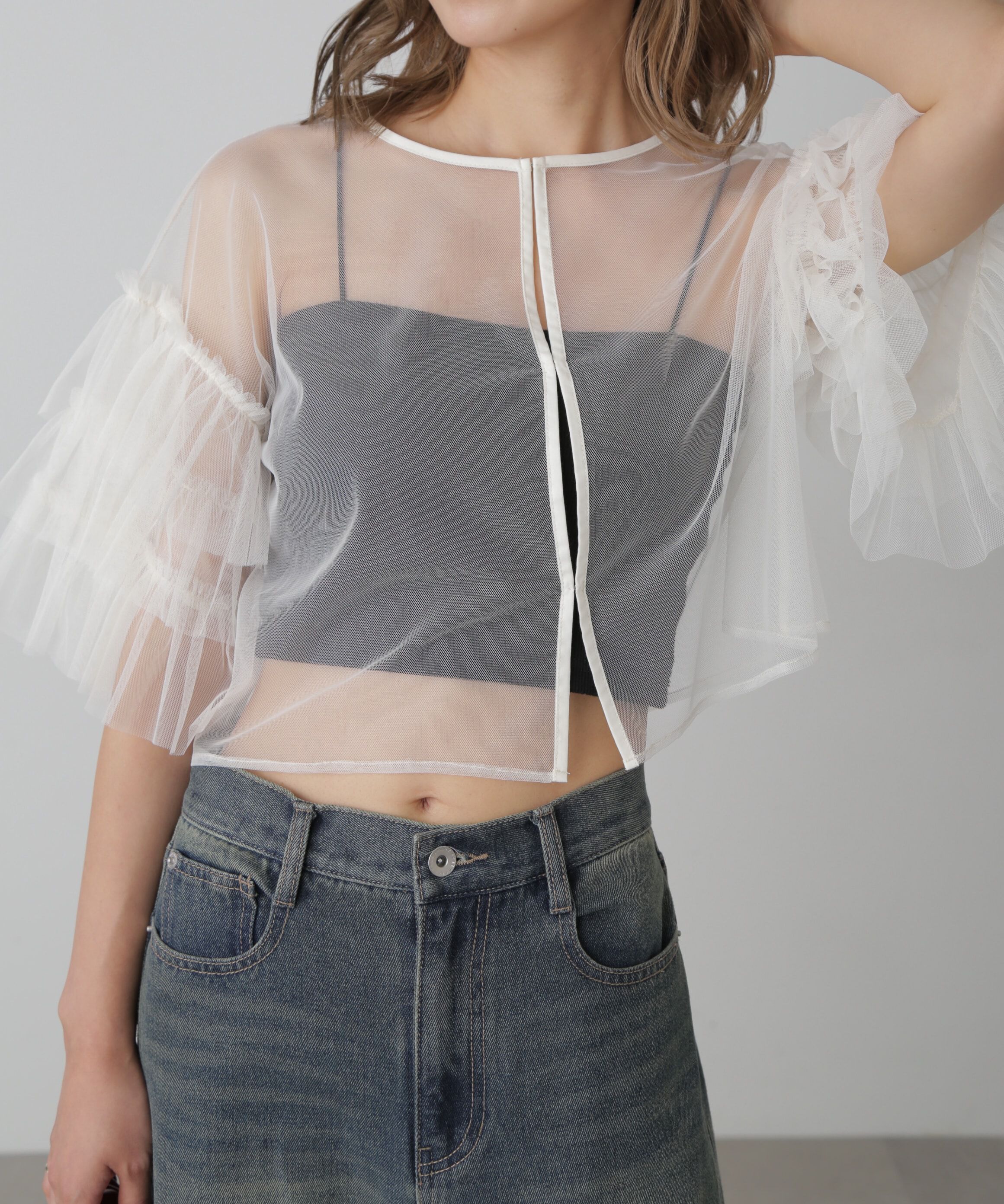  「前後2way袖フリルチュールブラウス」|シャツ・ブラウス|