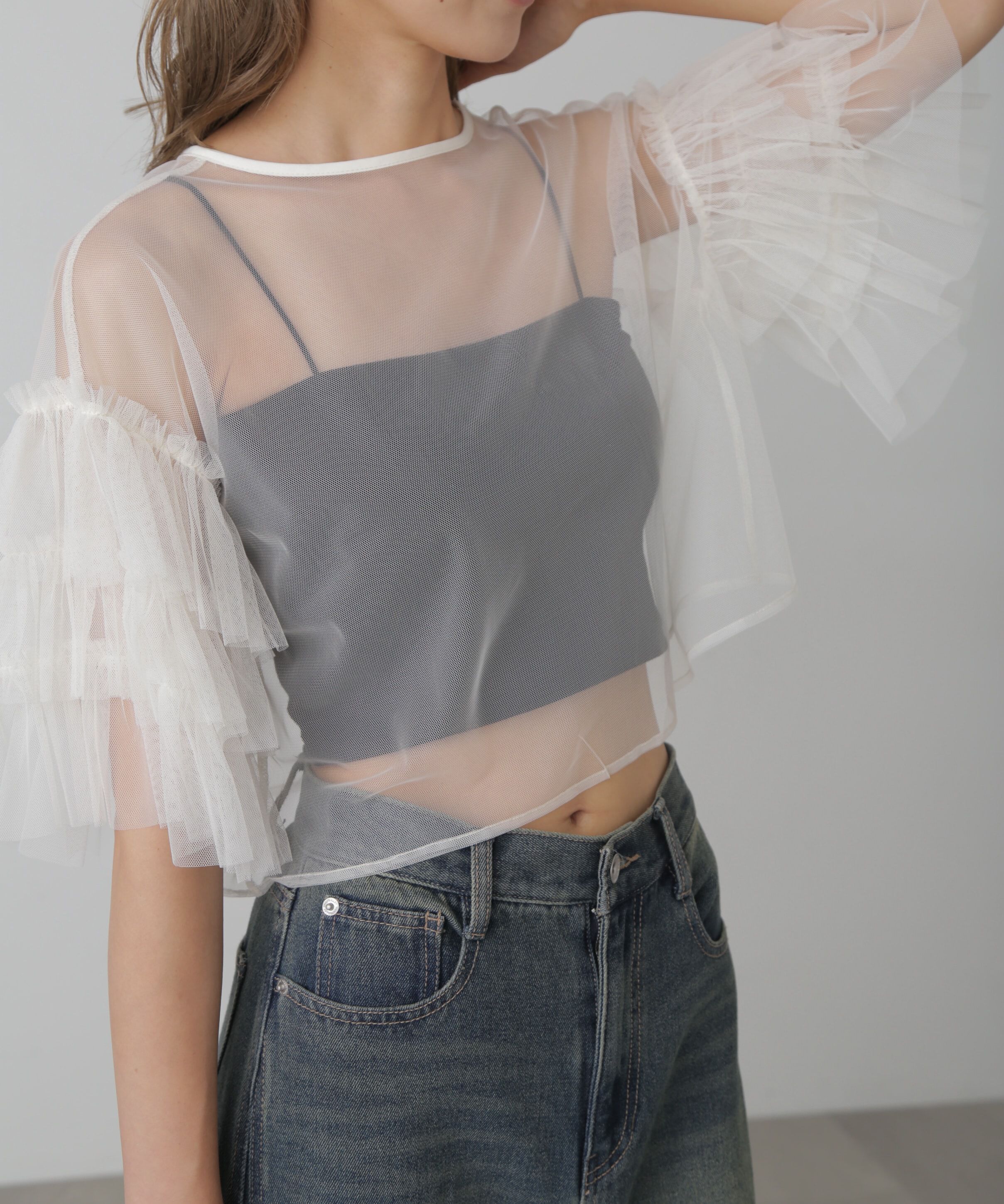  「前後2way袖フリルチュールブラウス」|シャツ・ブラウス|