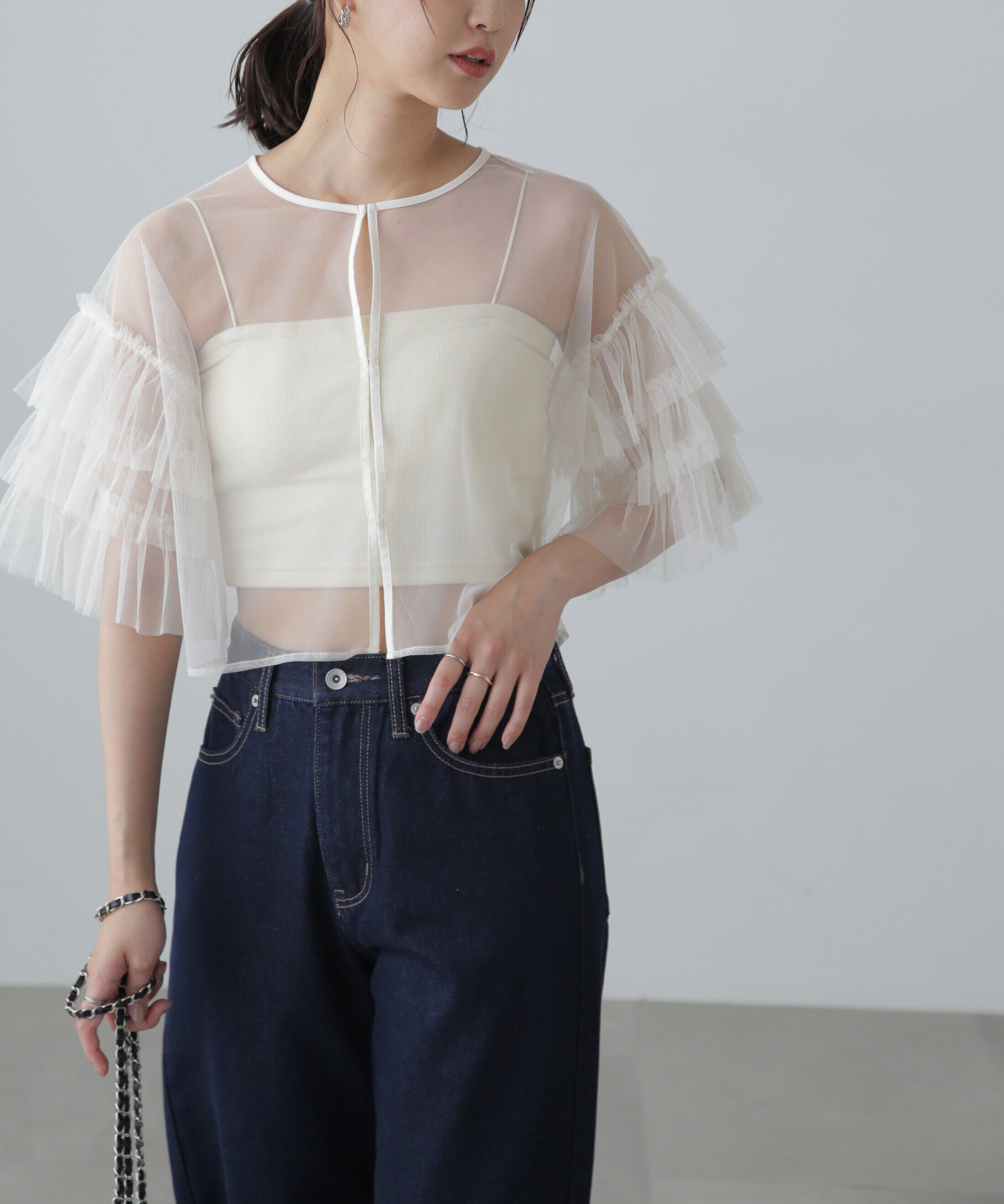  「前後2way袖フリルチュールブラウス」|シャツ・ブラウス|