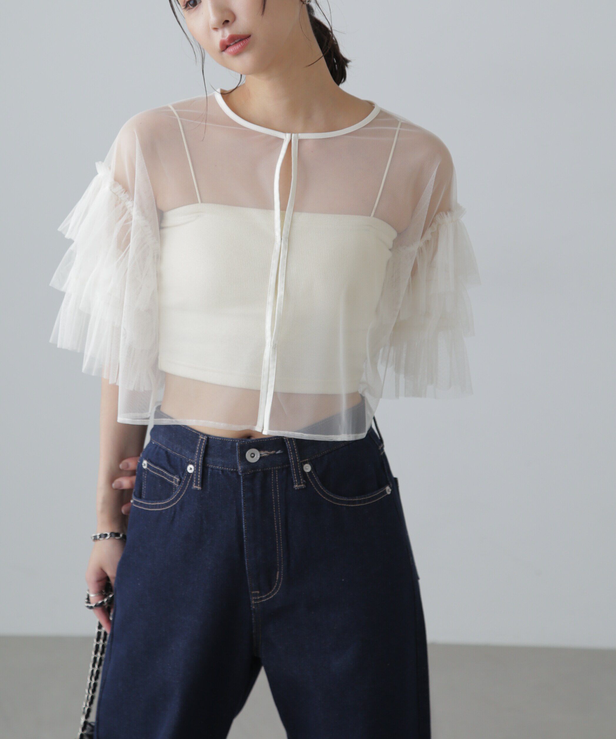  「前後2way袖フリルチュールブラウス」|シャツ・ブラウス|