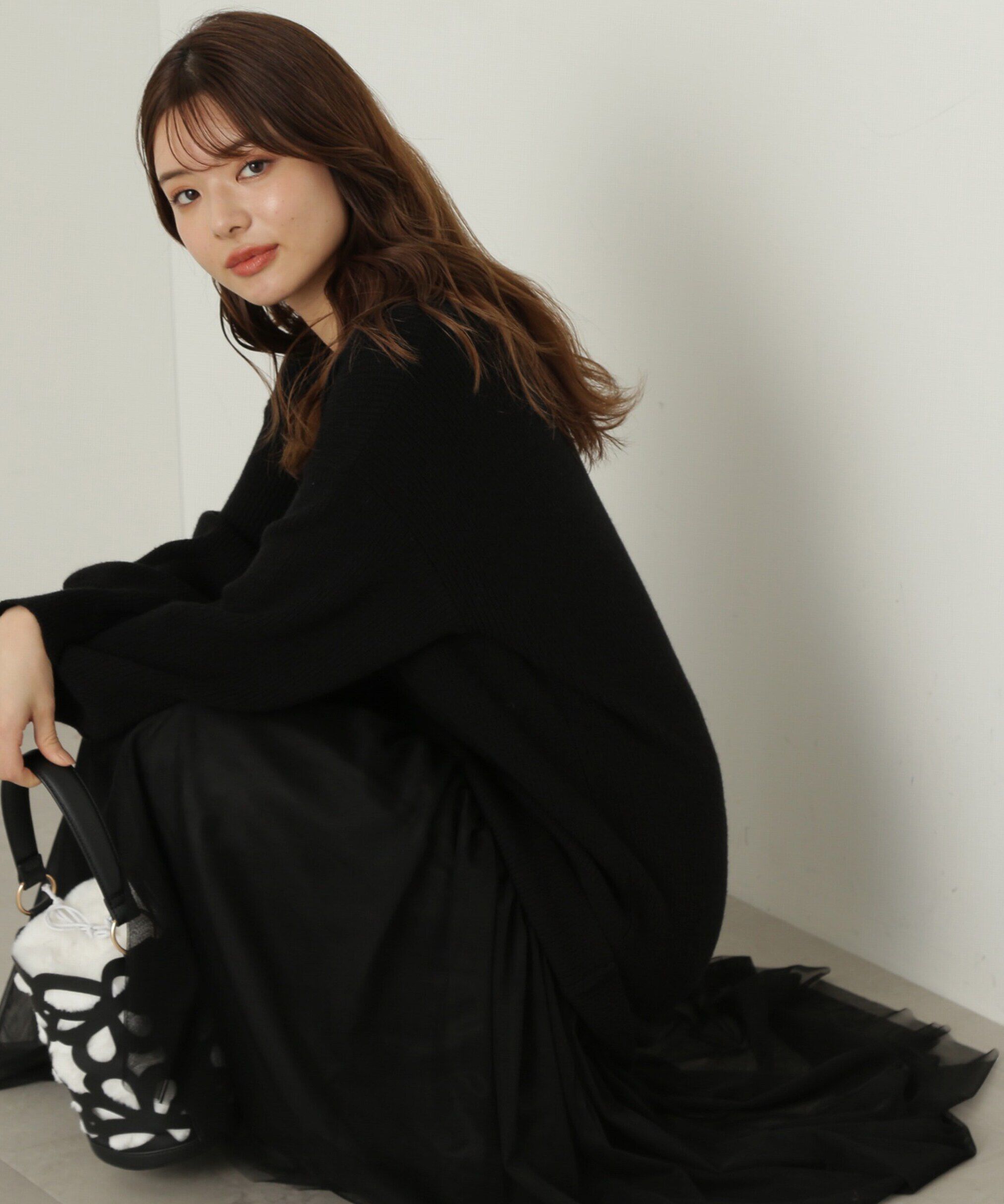 PROPORTION BODY DRESSING「裾チュールロングニットワンピース　24AW」|ワンピース|ブラック