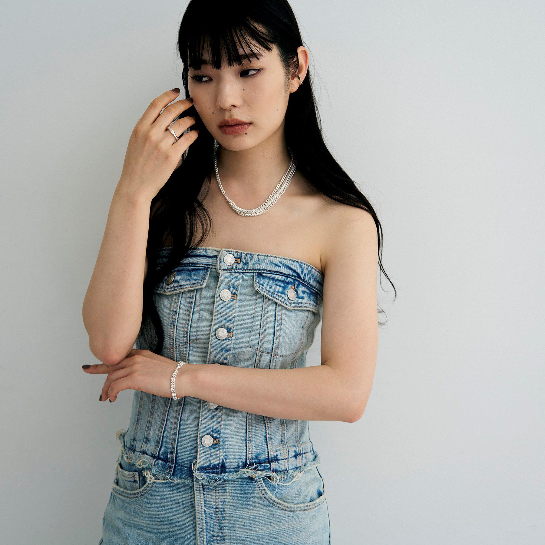 COCOSHNIK ONKITSCH「シルバー カーブチェーンアシンメトリードレープブレスレット」|ブレスレット・バングル|