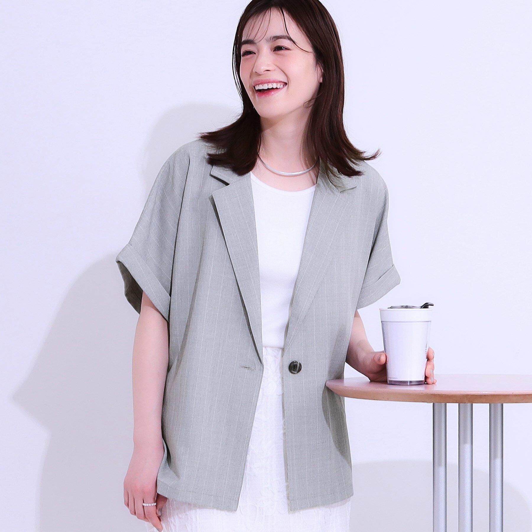 SHOO･LA･RUE「【セットアップ可】麻調半袖ジャケット」|テーラードジャケット|グレー(012)