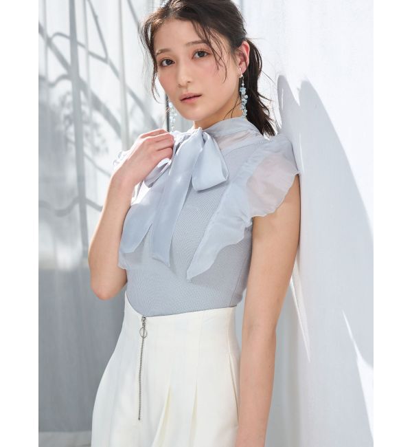 MERCURYDUO「2WAYオーガンジードッキングラッフルニット」|ニット・セーター|ライトグレー