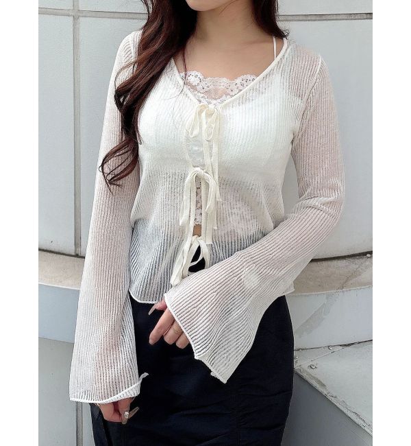 MERCURYDUO「シアーフロントリボンカーデ」|カーディガン|
