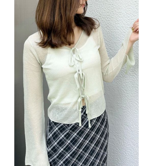 MERCURYDUO「シアーフロントリボンカーデ」|カーディガン|ミントグリーン