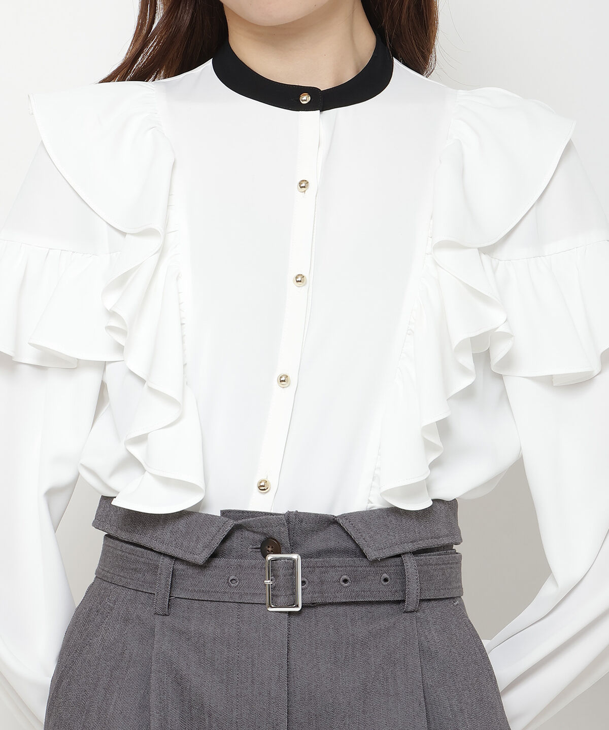 アンドクチュール「ダブルフリル配色ハイカラーブラウス」|シャツ・ブラウス|