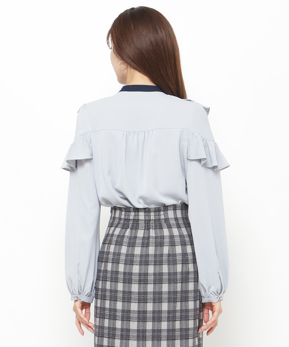 アンドクチュール「ダブルフリル配色ハイカラーブラウス」|シャツ・ブラウス|