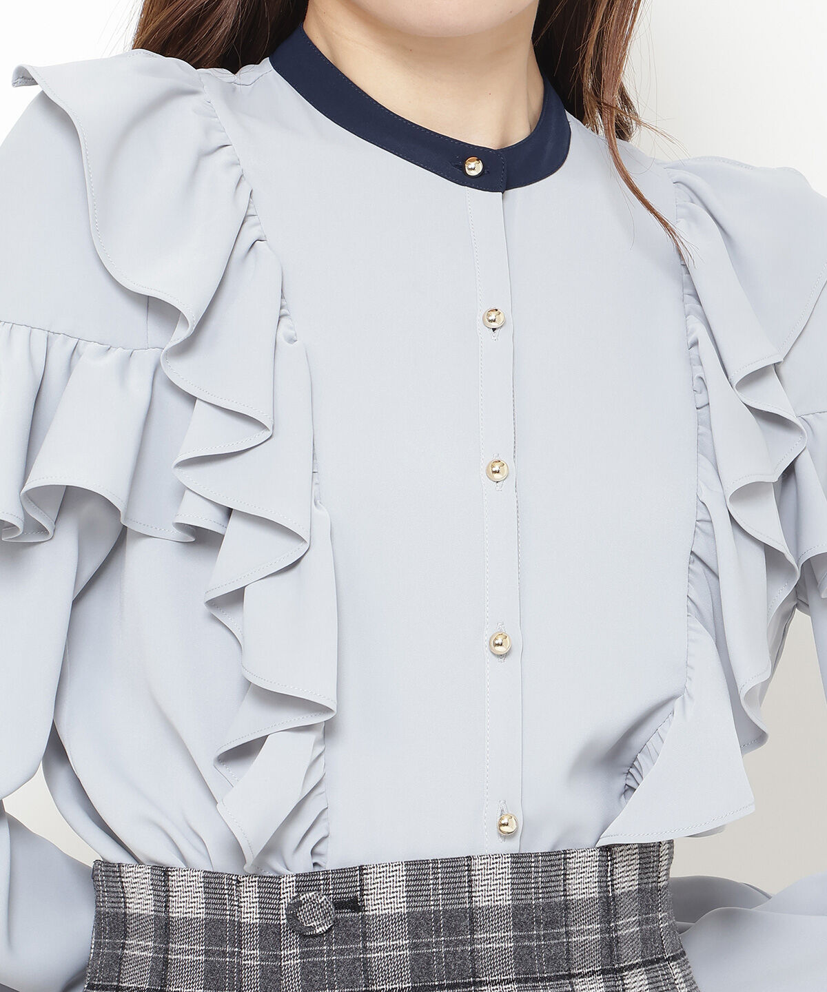 アンドクチュール「ダブルフリル配色ハイカラーブラウス」|シャツ・ブラウス|