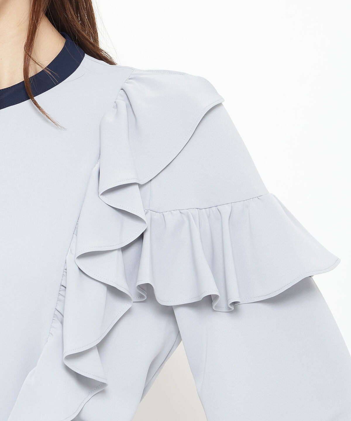 アンドクチュール「ダブルフリル配色ハイカラーブラウス」|シャツ・ブラウス|