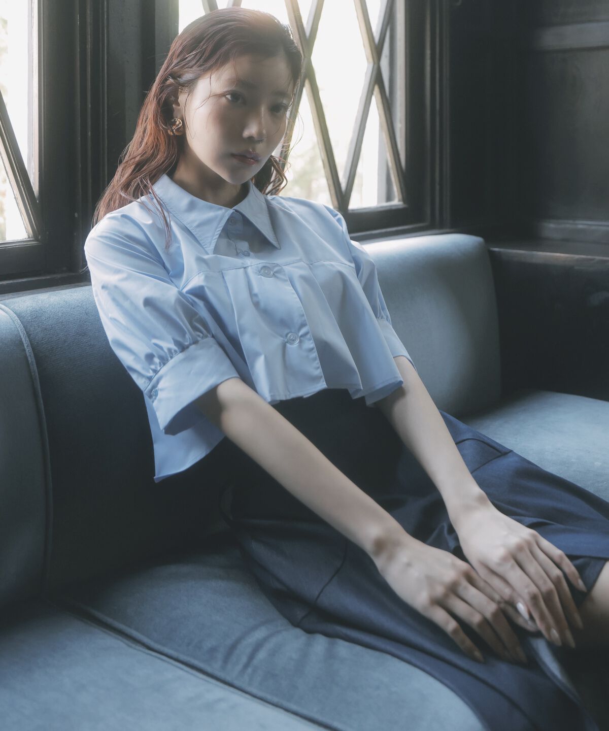 アンドクチュール「ヨークデザインハーフスリーブシャツ」|シャツ・ブラウス|ブルー