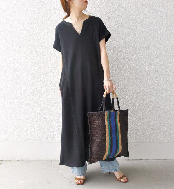 SHIPS any「SHIPS any:〈洗濯機可能〉ワッフル スキッパー Aライン ワンピース」|ワンピース|ブラック