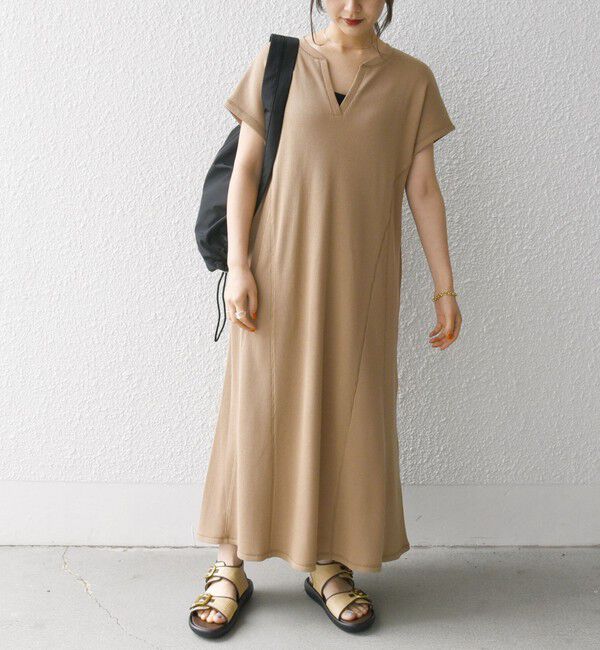 SHIPS any「SHIPS any:〈洗濯機可能〉ワッフル スキッパー Aライン ワンピース」|ワンピース|キャメル