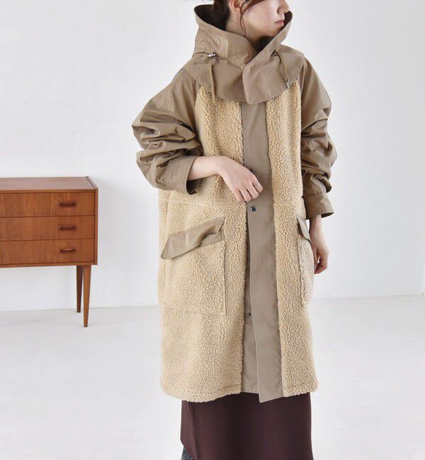 quaranciel「quaranciel: ポリエステル フェイク ファー ボア フーデッド コート」|ミリタリー・モッズコート|ベージュ系1