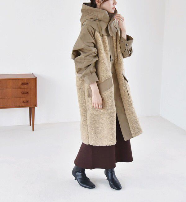 quaranciel「quaranciel: ポリエステル フェイク ファー ボア フーデッド コート」|ミリタリー・モッズコート|