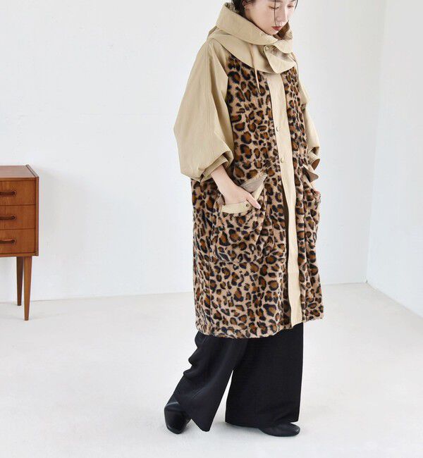 quaranciel「quaranciel: ポリエステル フェイク ファー ボア フーデッド コート」|ミリタリー・モッズコート|ベージュ系2