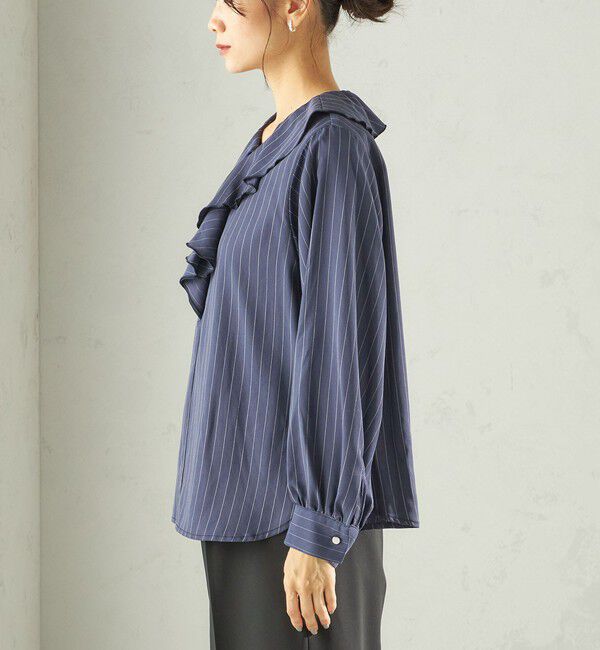 SHIPS for women「《予約》〈手洗い可能〉フィブリル ストライプ フリル カラー ブラウス」|シャツ・ブラウス|
