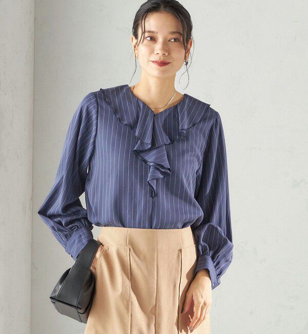 SHIPS for women「《予約》〈手洗い可能〉フィブリル ストライプ フリル カラー ブラウス」|シャツ・ブラウス|