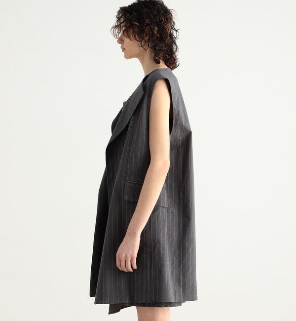 BACCA「リネンコットンストライプ ノーカラーベスト」|ノーカラージャケット|