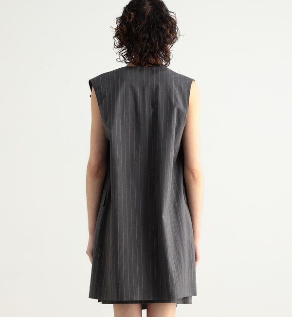 BACCA「リネンコットンストライプ ノーカラーベスト」|ノーカラージャケット|