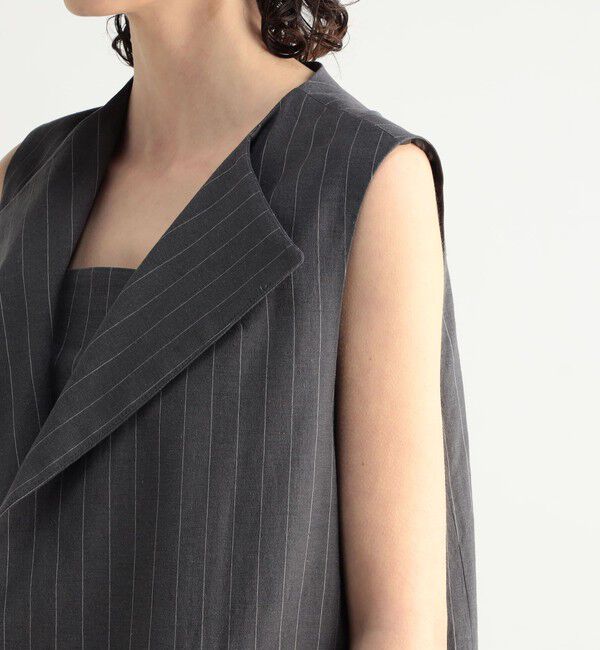 BACCA「リネンコットンストライプ ノーカラーベスト」|ノーカラージャケット|