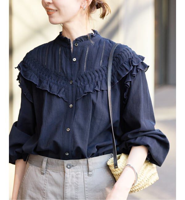 SLOBE IENA「《WEB限定》フリルピンタックブラウス」|シャツ・ブラウス|ネイビー