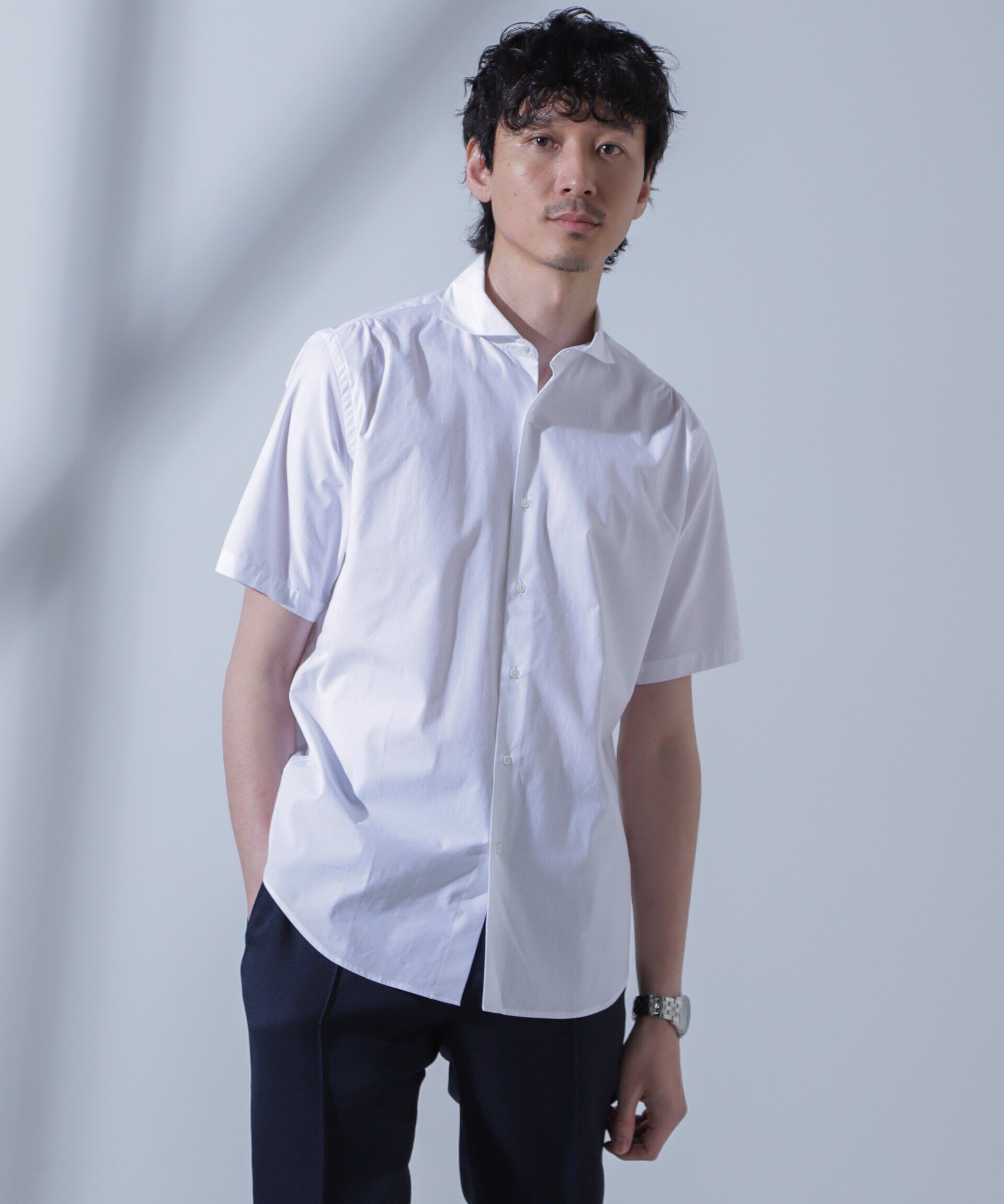 nano･universe「「N SHIRTS」AntiSoaked(R)汗染み防止ホリゾンタルカラーシャツ半袖」|シャツ・ブラウス|