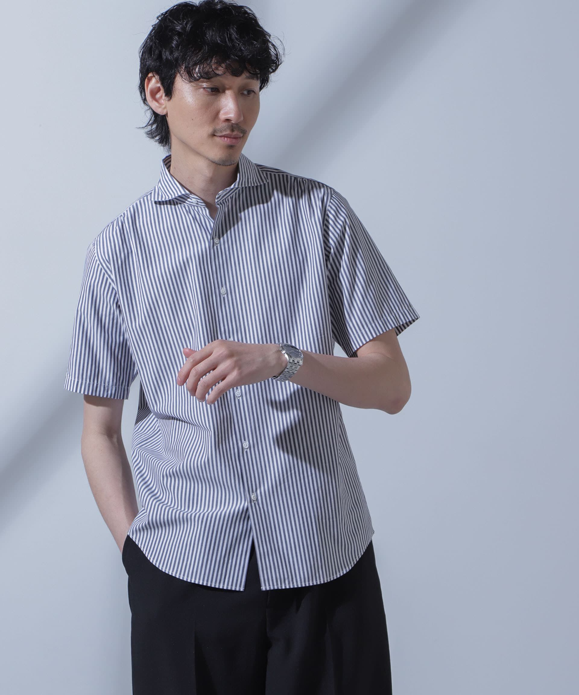 nano･universe「「N SHIRTS」AntiSoaked(R)汗染み防止ホリゾンタルカラーシャツ半袖」|シャツ・ブラウス|