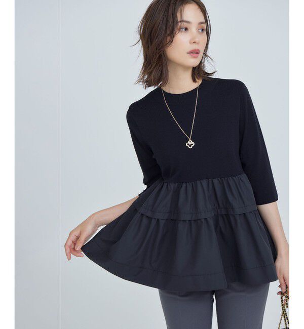 組曲「【UVケア・接触冷感・六分袖】ブラウスコンビ ティアードニット」|ニット・セーター|ブラック系