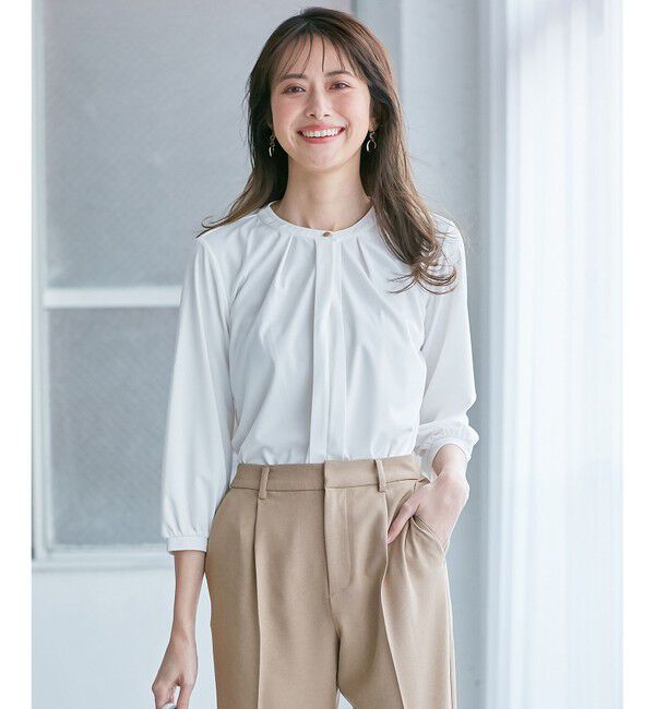 ANY SIS「【接触冷感・吸水速乾・UVケア】エアリードレープスムース 七分袖ブラウス」|シャツ・ブラウス|オフホワイト