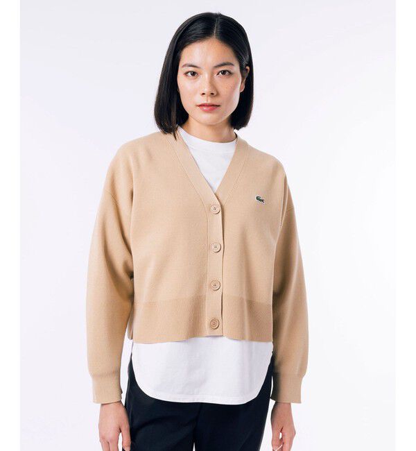 LACOSTE「クロップド丈 ミラノリブニットVネックカーディガン」|カーディガン|ベージュ