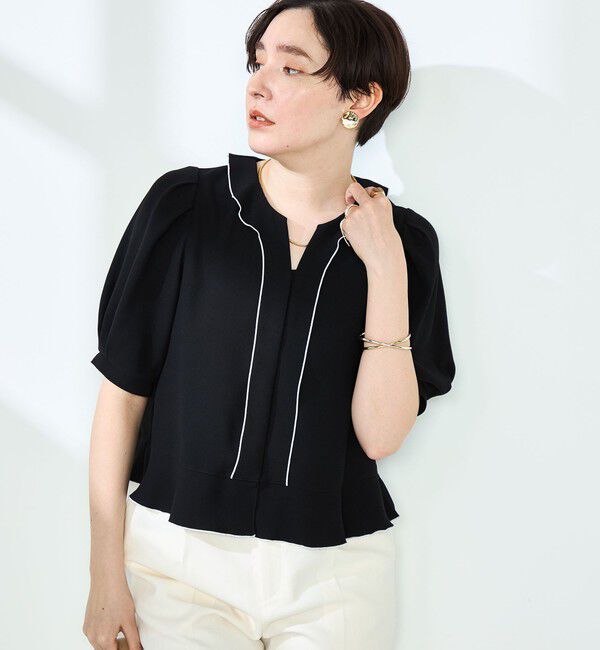 NOLLEY'S「ストレッチジョーゼット配色フリルブラウス」|シャツ・ブラウス|ブラック