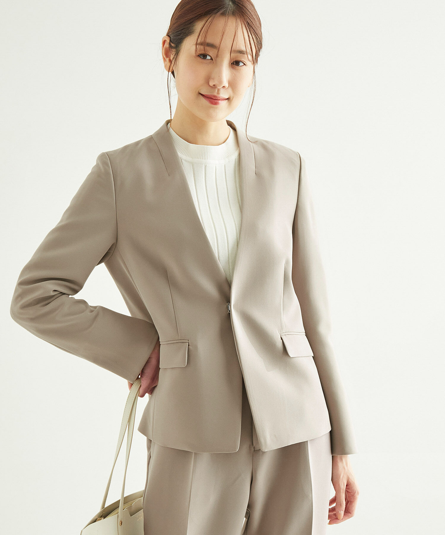 Rope&rsquo;Picnic「【360&deg;ウルトラストレッチ】セットアップ対応/ノーラペルジャケット【一部店舗限定34-42サイズ】」|ノーカラージャケット|キャメル系(26)