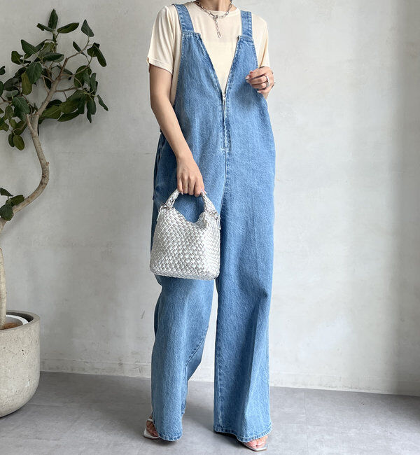  「デニムフロントジップサロペット」|ワンピース|スカイブルー