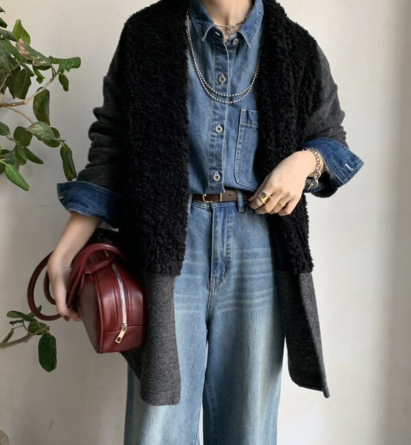  「ファー切替イタリアンエアリーハーフコート」|その他|チャコールグレー