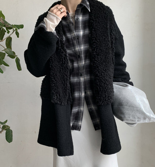  「ファー切替イタリアンエアリーハーフコート」|その他|ブラック