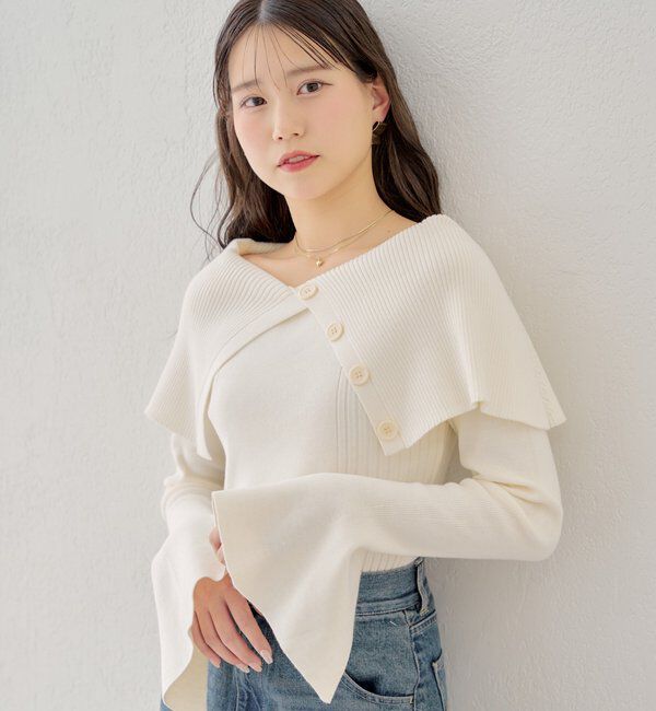  「襟釦デザインビックカラーオフショルリブニット」|ニット・セーター|アイボリー