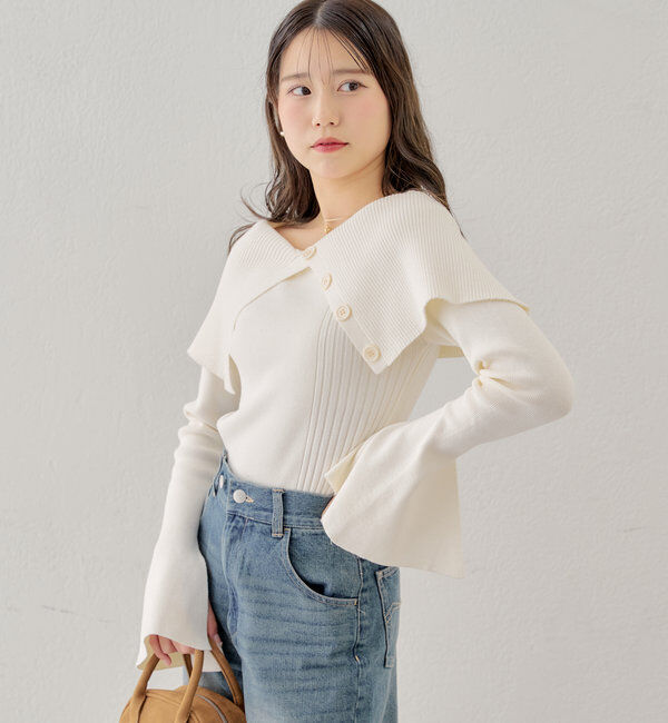  「襟釦デザインビックカラーオフショルリブニット」|ニット・セーター|